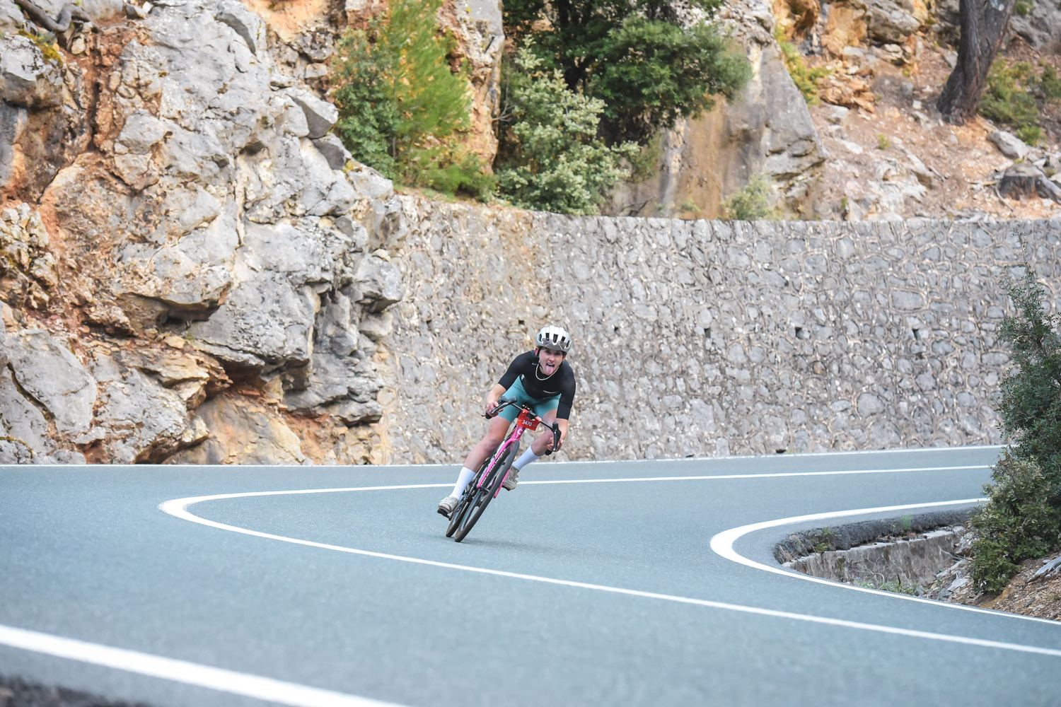 Victoria Stansfield cornering on a mountain road at the Mallorca 312