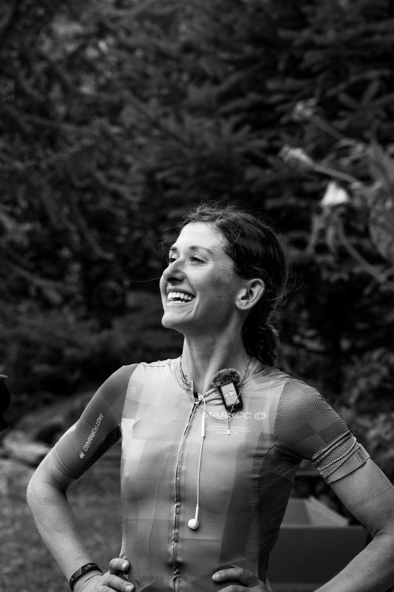 Victoria Stansfield laughing, hands on hips, after a ride