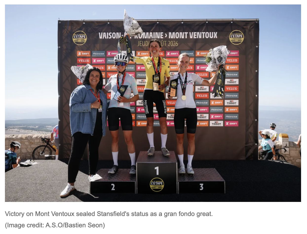 Screenshot of the Cycling Weekly article showing Victoria Stansfield on
                the top step of the L&rsquo;&Eacute;tape du Tour Femmes podium on Mont Ventoux